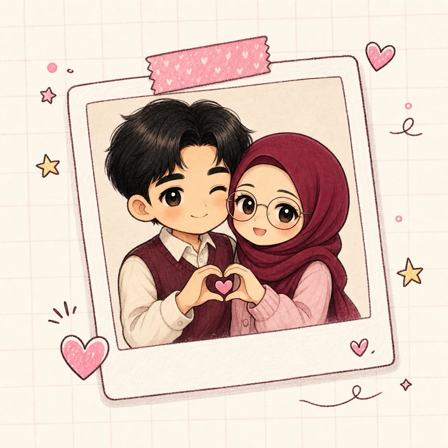 Ilustrasi scrapbook Cinta dan Lingga tersenyum sambil membuat bentuk hati dengan tangan
